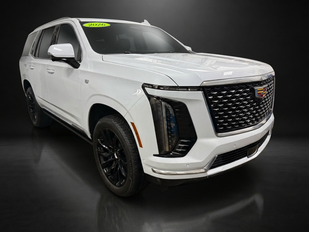 Same white Cadillac SUV on a luxury black studio background